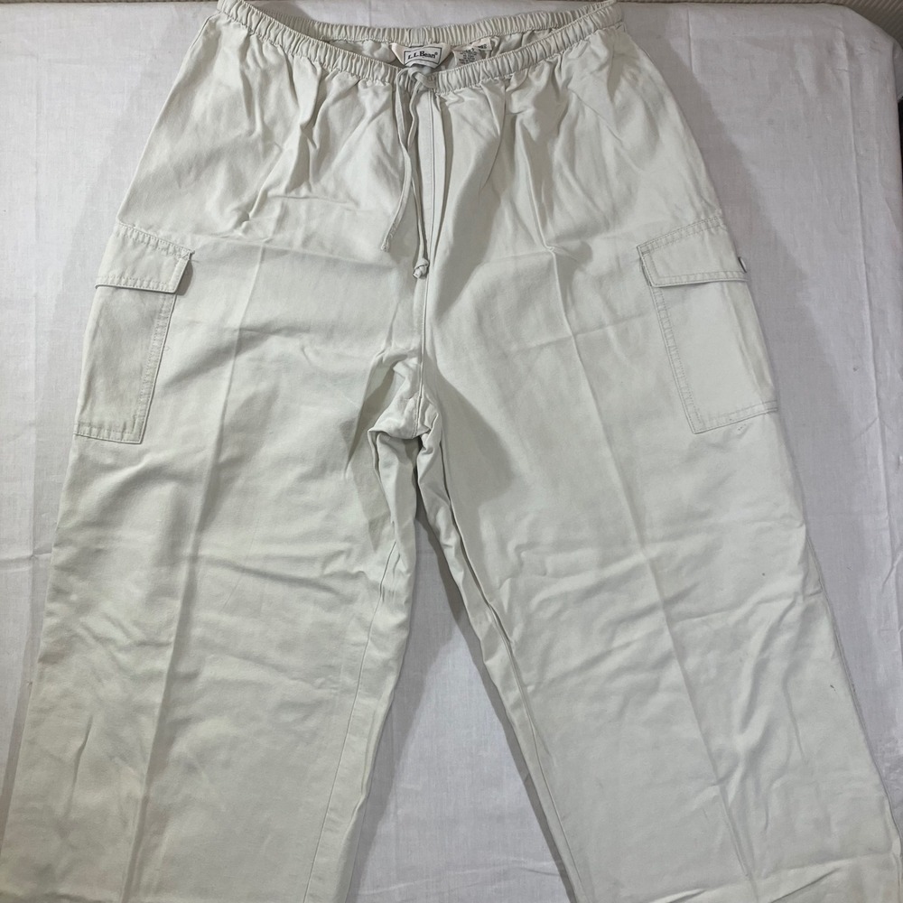 LL Bean Womens Medium Cargo Pants Beige Tencel Cotton Elastic Drawstring Relaxed